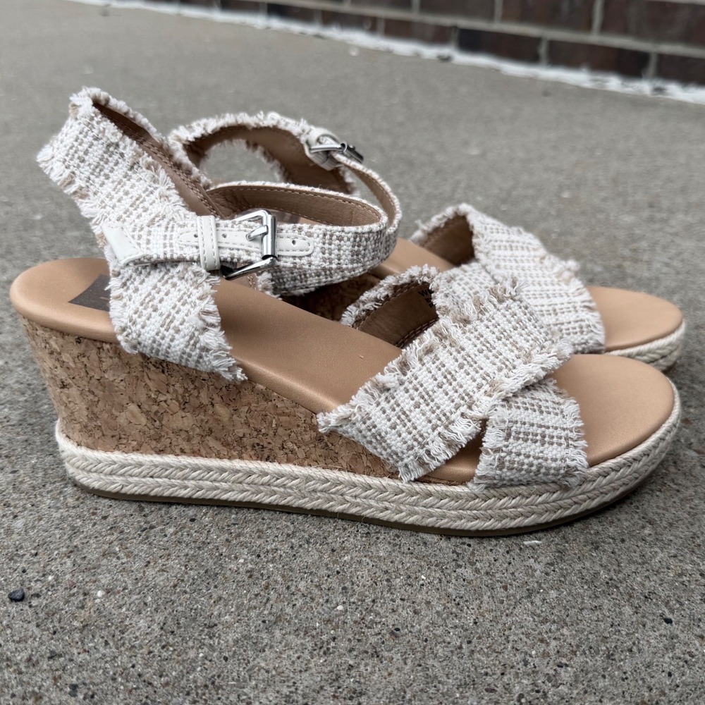 DV by Dolce Vita Esther Beige Woven Frayed Cork Wedge Sandals Womens Sz 8